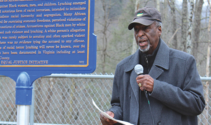 Frank Gravely speaks to the marker’s importance.  KENNETH CROWSON PHOTO